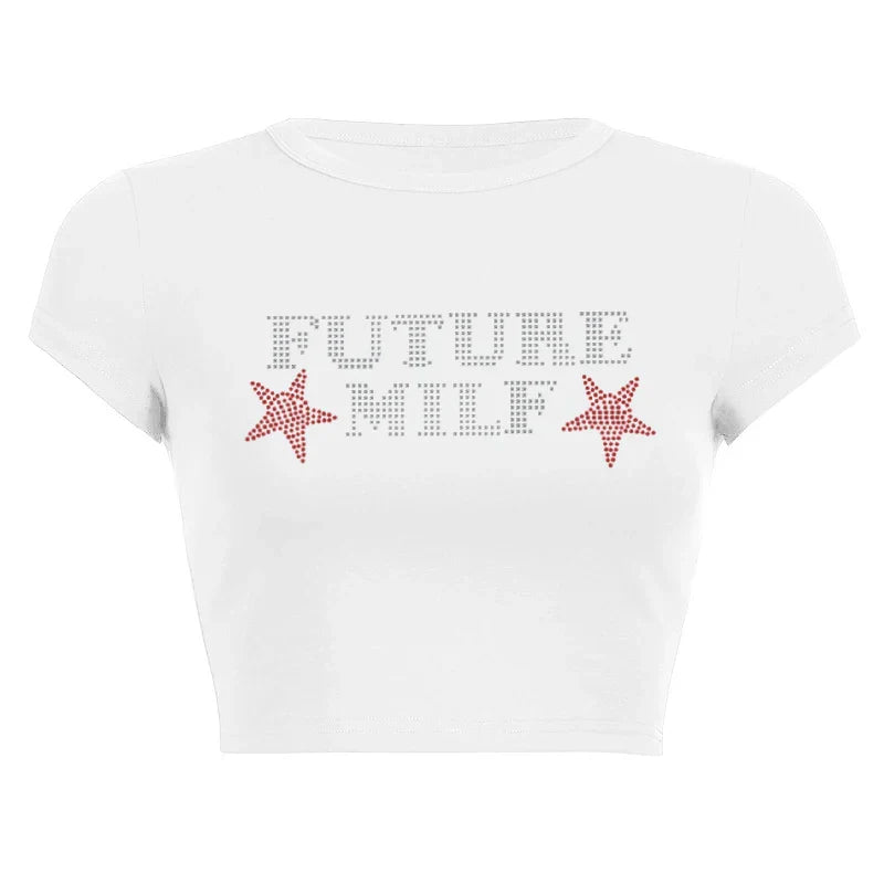 Rhinestone Letters Stars Printing T-Shirt