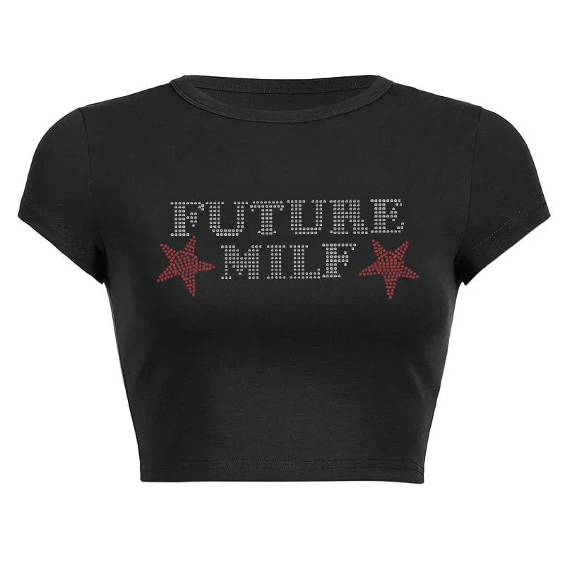 Rhinestone Letters Stars Printing T-Shirt